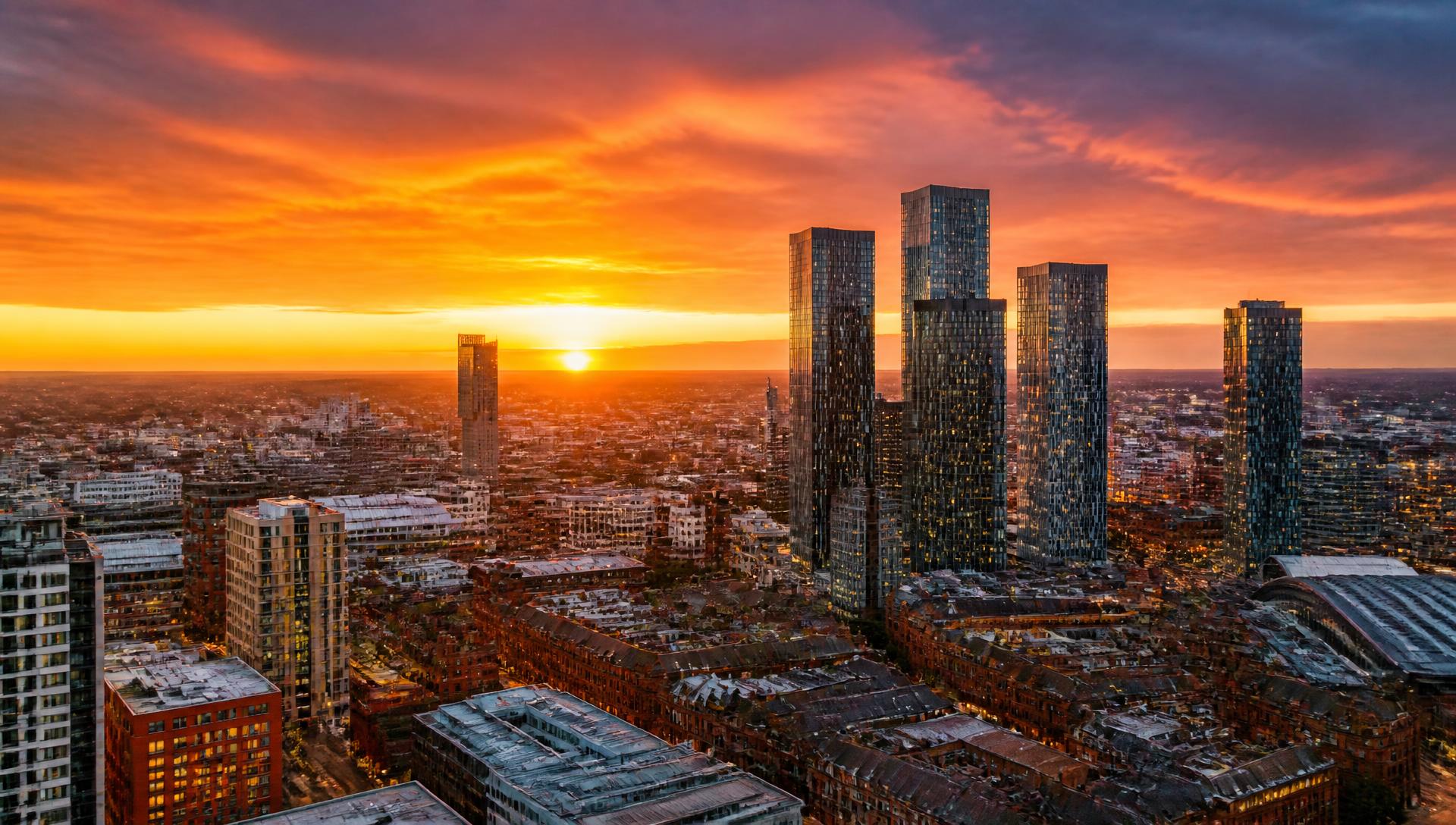 Manchester skyline at sunset, looking across the city centre towers